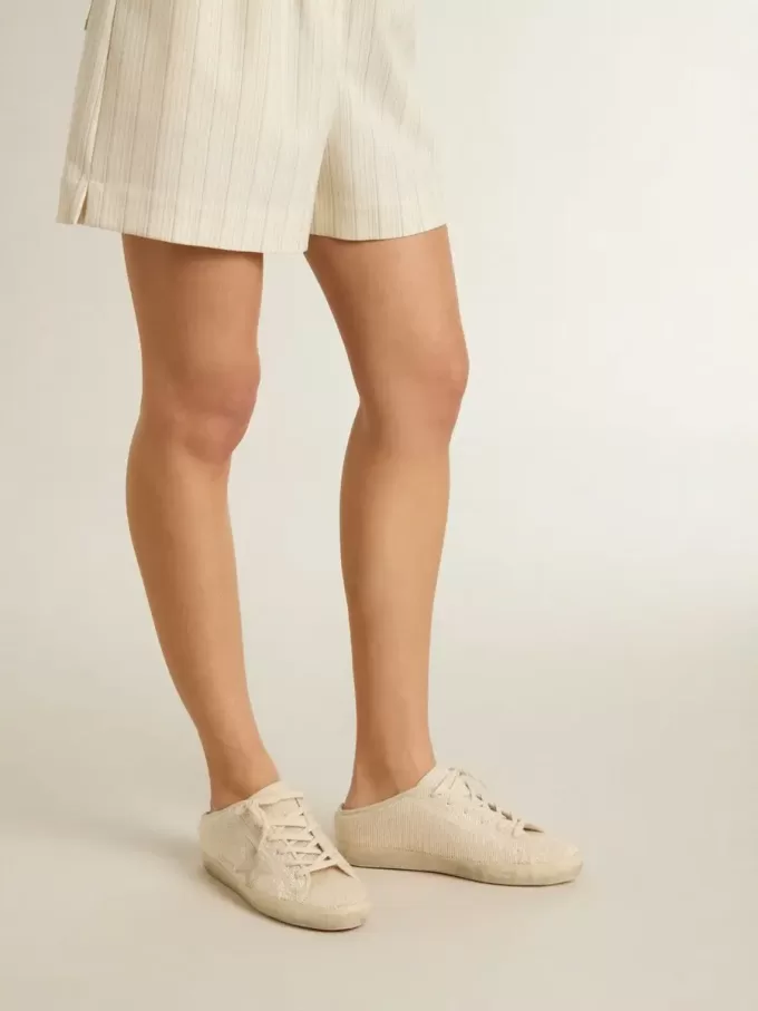 Sabot Super-Star para mujer en lona beige con abalorios bordados y estrella de ante beige