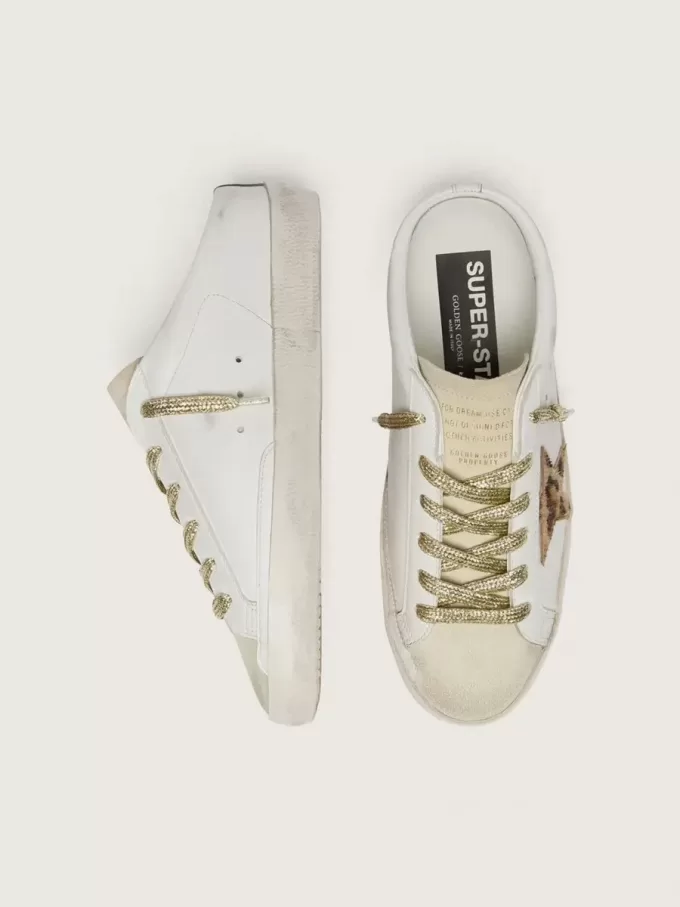 Sabots Super-Star con estrella de piel de potro y lengüeta de ante beige