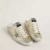 Sabots Super-Star en piel platino metalizada con estrella de ante beige