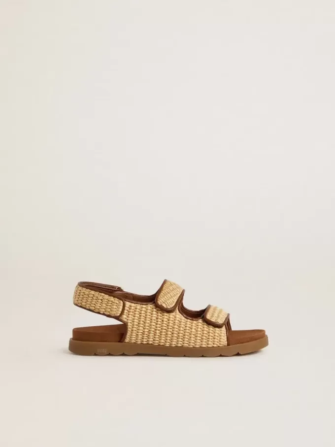 Sandalias Junior Noa en rafia beige y cuero marrón