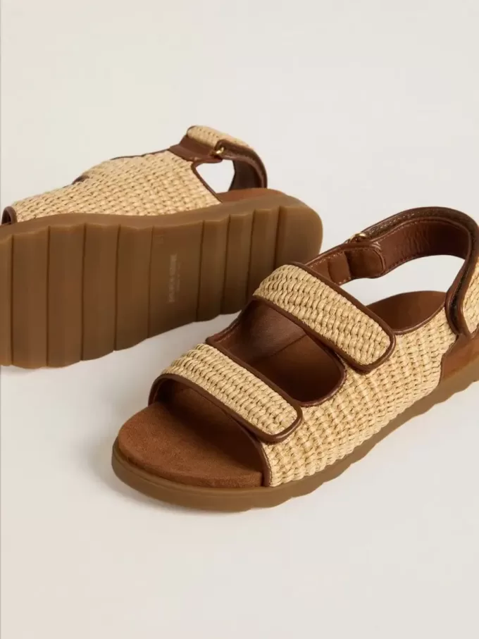 Sandalias Junior Noa en rafia beige y cuero marrón
