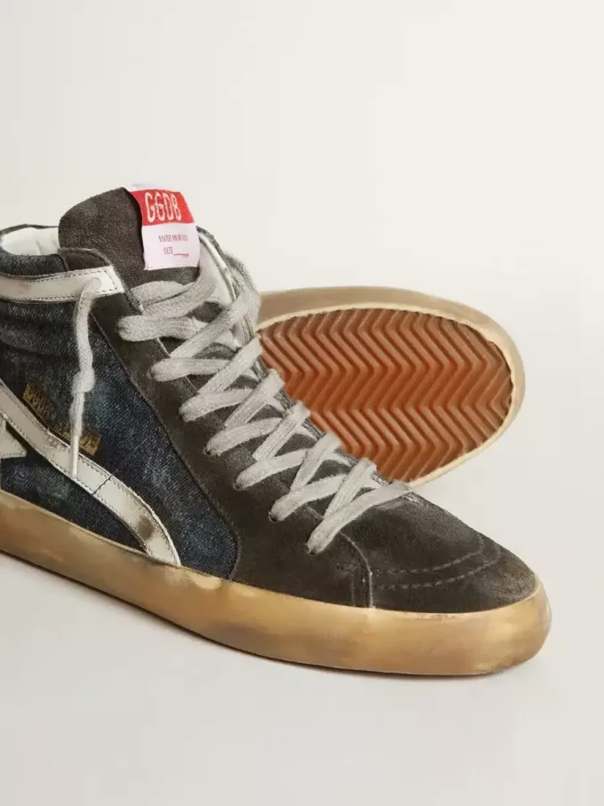 Slide en denim azul medianoche con estrella de cuero blanco Slide en denim azul medianoche con estrella de cuero blanco