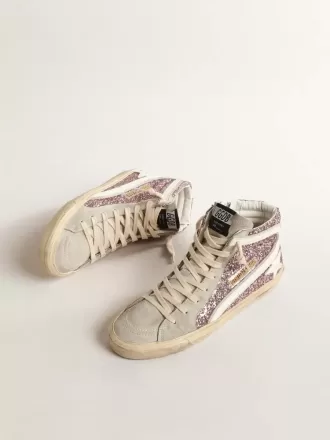 Slide en lila brillante con estrella y destello de cuero blanco