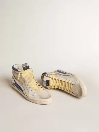 Slide en lona perlada y ante azul con estrella y flash de cuero blanco