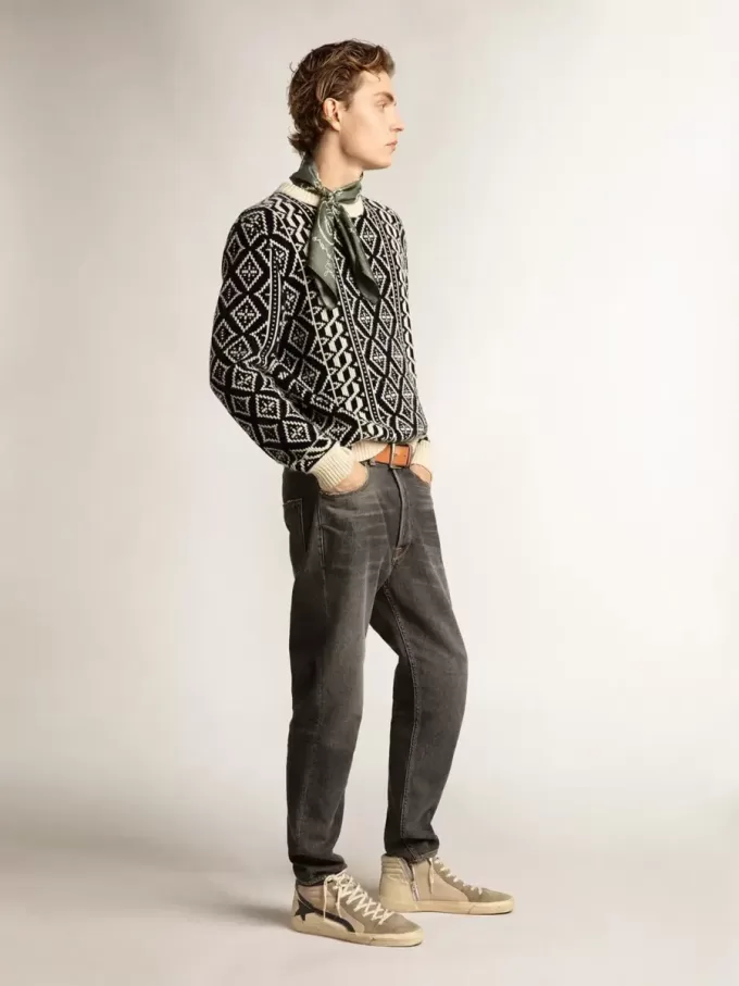 Slide en malla beige y nailon con estrella y flash de cuero azul