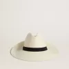 Sombrero fedora dorado de paja blanca con cinta negra y estampado marino bajo el ala Sombrero fedora dorado de paja blanca con cinta negra y estampado marino bajo el ala