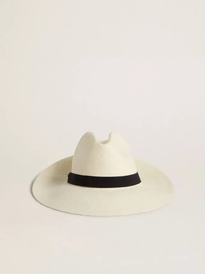 Sombrero fedora dorado de paja blanca con cinta negra y estampado marino bajo el ala Sombrero fedora dorado de paja blanca con cinta negra y estampado marino bajo el ala