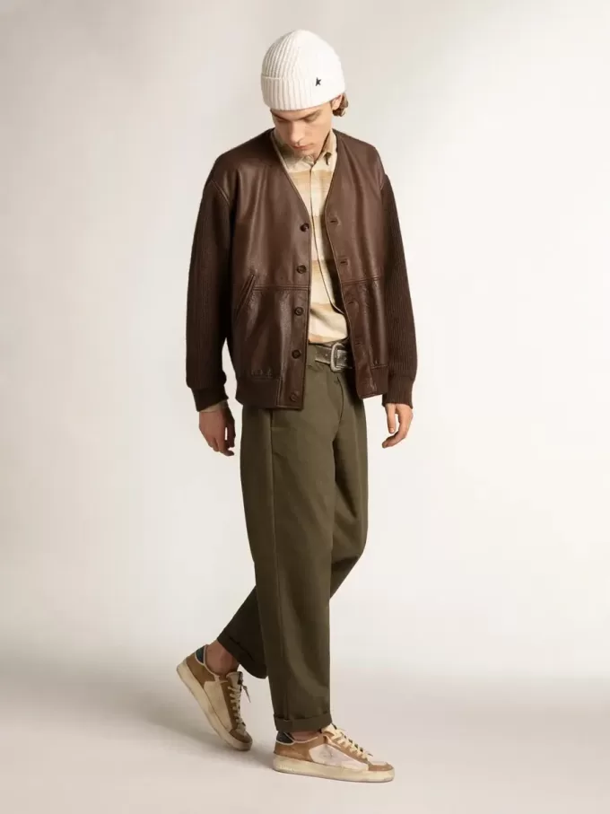 Stardan en nailon beige y malla con inserciones de ante color tabaco