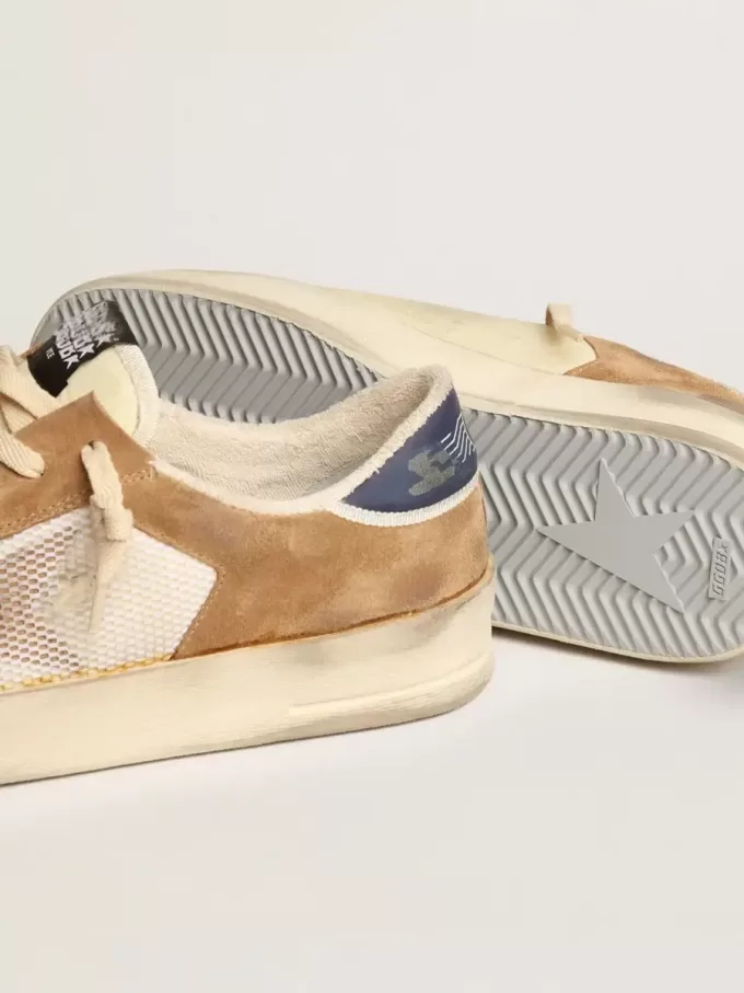 Stardan en nailon beige y malla con inserciones de ante color tabaco