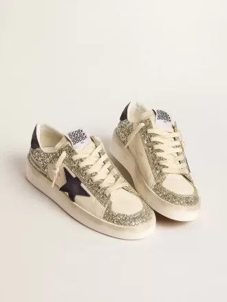 Stardan para mujer en brillo platino con estrella y lengüeta del talón en ante azul oscuro