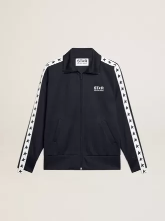 Sudadera azul oscuro con cremallera, franja blanca y estrellas en contraste
