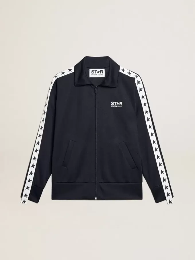 Sudadera azul oscuro con cremallera, franja blanca y estrellas en contraste Sudadera azul oscuro con cremallera, franja blanca y estrellas en contraste