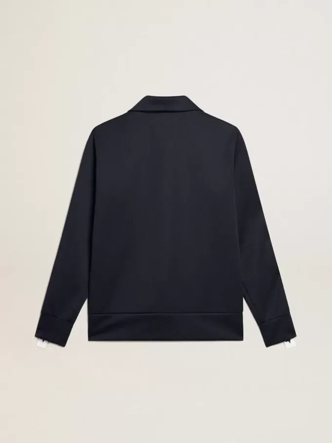 Sudadera azul oscuro con cremallera, franja blanca y estrellas en contraste Sudadera azul oscuro con cremallera, franja blanca y estrellas en contraste