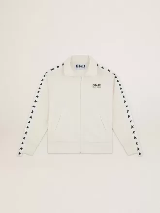 Sudadera blanca con cremallera para mujer con franja blanca y estrellas negras