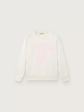 Sudadera blanca de algodón con cuello redondo para niña, con estampado de mascota y apliques de cristales.