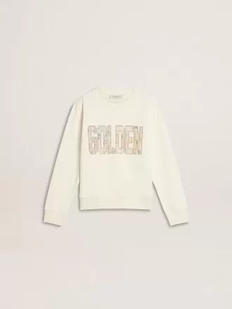 Sudadera blanca para niña con inscripción multicolor «Golden» en la parte delantera