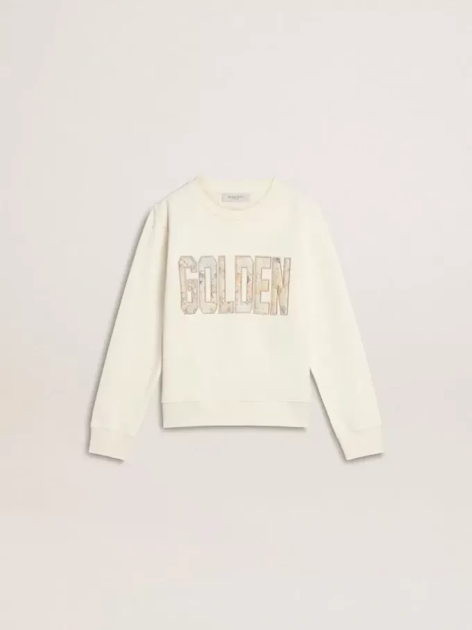 Sudadera blanca para niña con inscripción multicolor «Golden» en la parte delantera