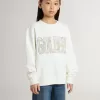 Sudadera blanca para niña con inscripción multicolor «Golden» en la parte delantera