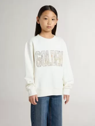Sudadera blanca para niña con inscripción multicolor «Golden» en la parte delantera