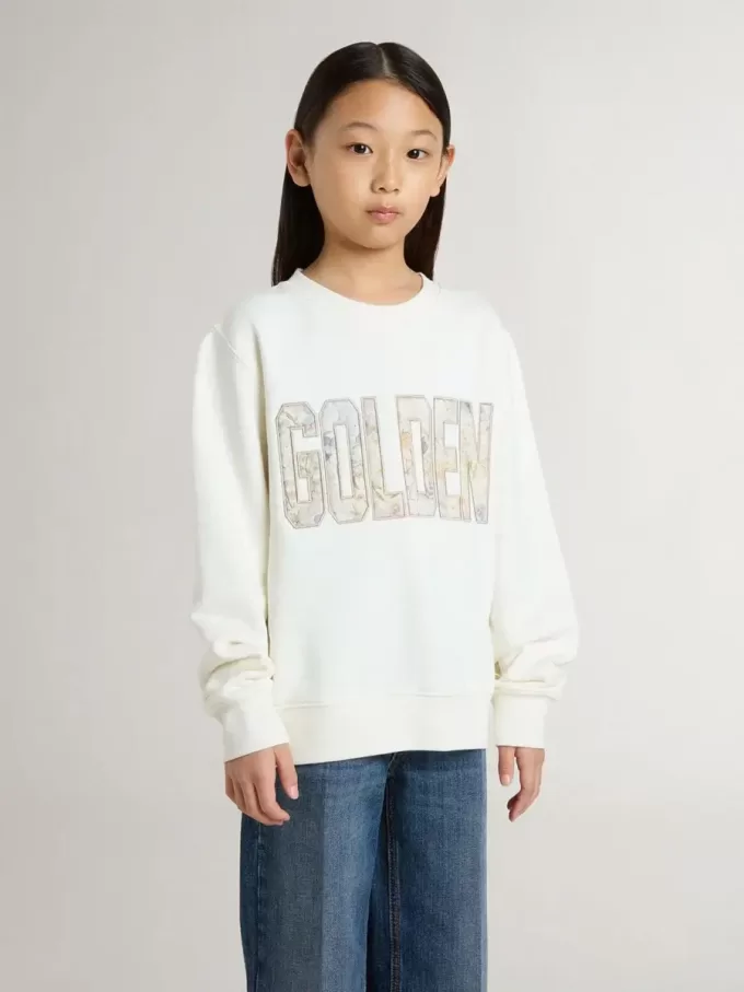 Sudadera blanca para niña con inscripción multicolor «Golden» en la parte delantera