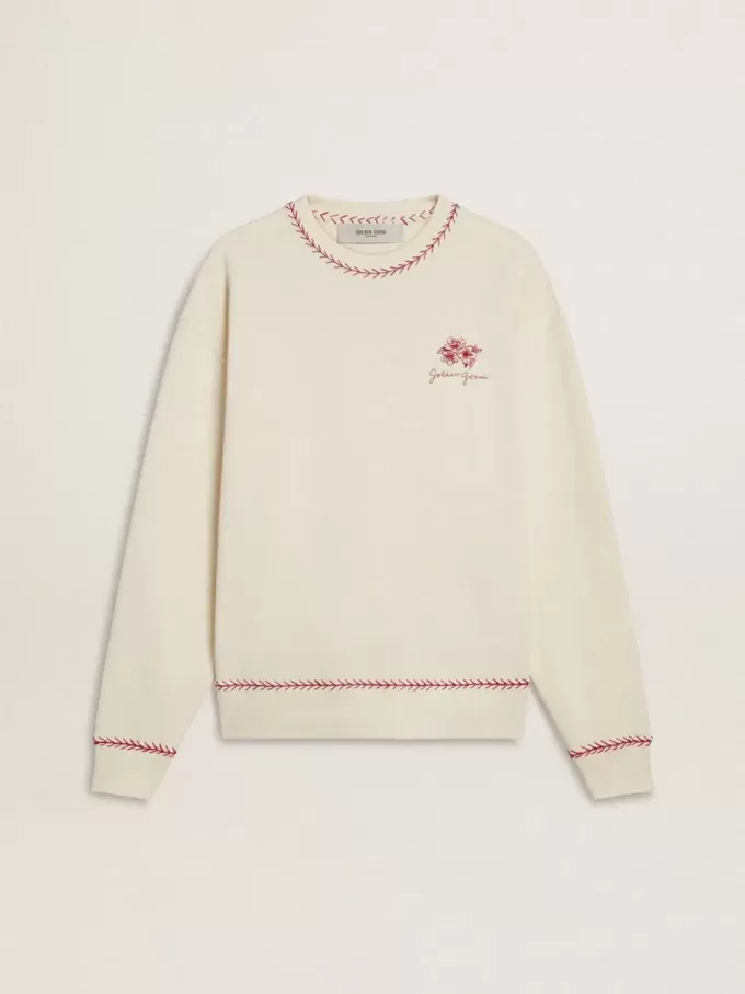 Sudadera CNY en algodón blanco desgastado con bordados rojos Sudadera CNY en algodón blanco desgastado con bordados rojos