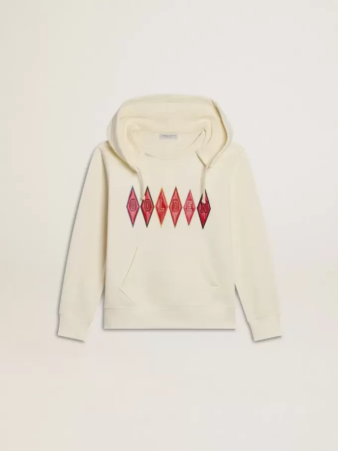 Sudadera con capucha en blanco desgastado con bordado dorado en la parte delantera. Sudadera con capucha en blanco desgastado con bordado dorado en la parte delantera.