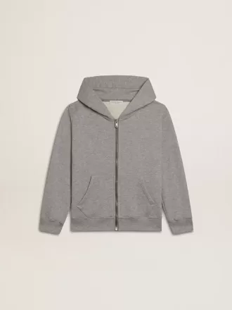 Sudadera con capucha gris jaspeado con estampado en la espalda