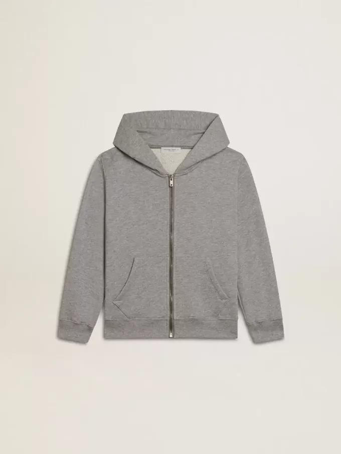 Sudadera con capucha gris jaspeado con estampado en la espalda