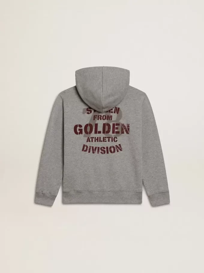 Sudadera con capucha gris jaspeado con estampado en la espalda