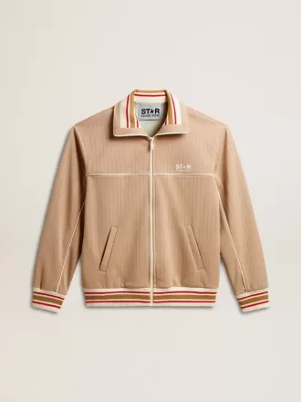 Sudadera con cremallera para hombre en color beige claro con logotipo blanco