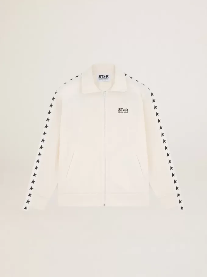 Sudadera con cremallera para hombre en color blanco papiro con estrellas negras