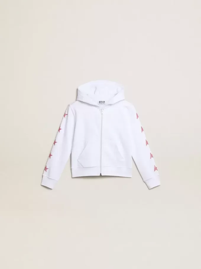 Sudadera con cremallera para niña en color blanco con estrellas brillantes en las mangas