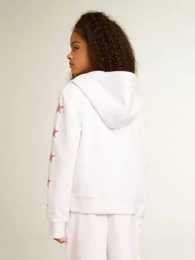 Sudadera con cremallera para niña en color blanco con estrellas brillantes en las mangas