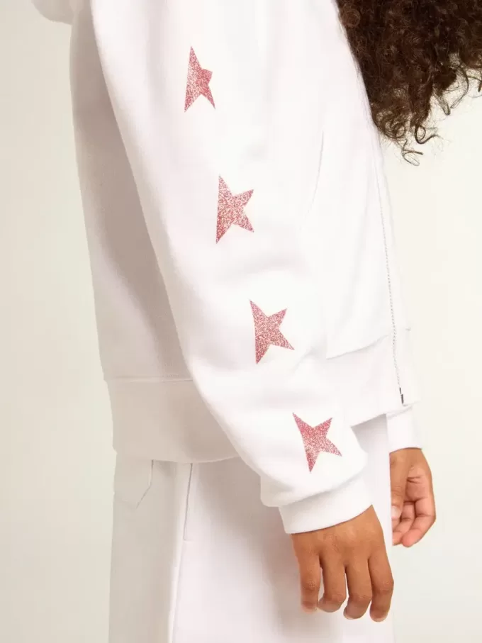 Sudadera con cremallera para niña en color blanco con estrellas brillantes en las mangas