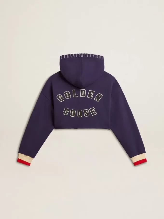 Sudadera corta azul oscuro con cremallera y capucha bordada