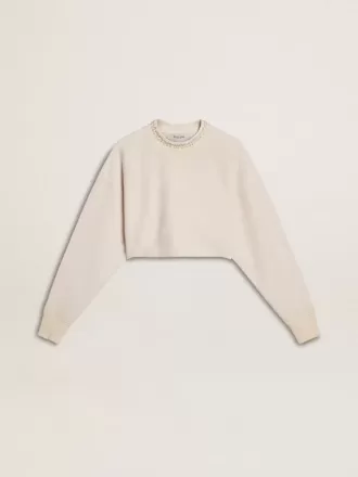Sudadera corta de algodón color crema para mujer con cristales en la parte delantera