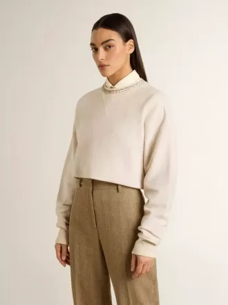 Sudadera corta de algodón color crema para mujer con cristales en la parte delantera