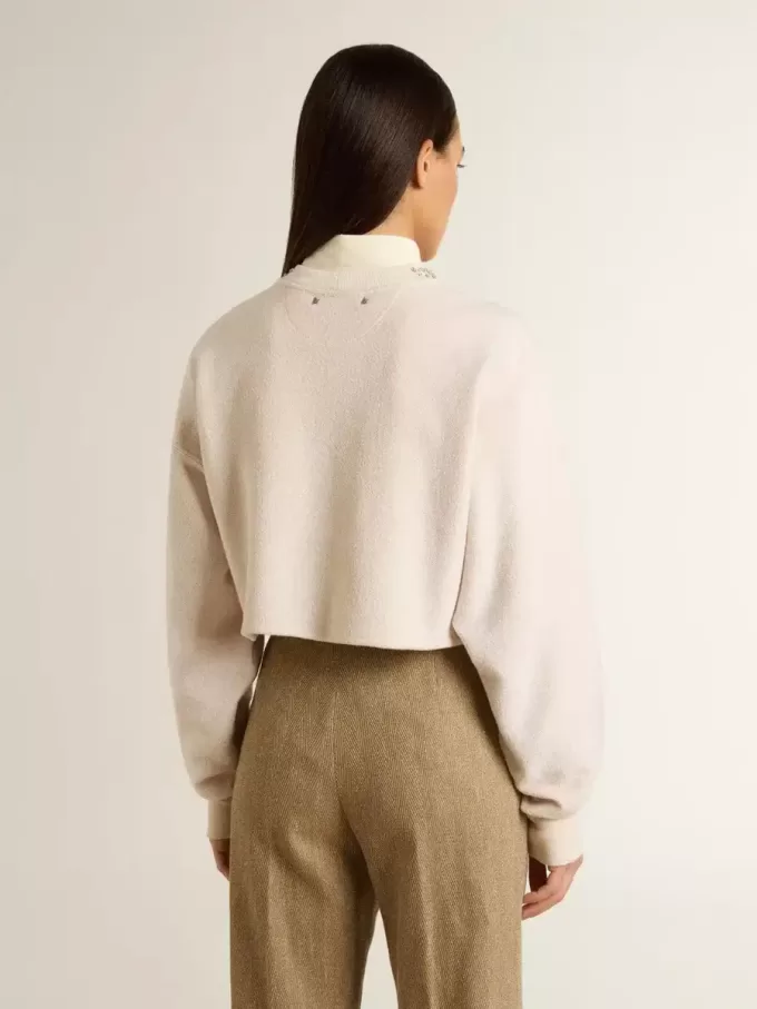 Sudadera corta de algodón color crema para mujer con cristales en la parte delantera Sudadera corta de algodón color crema para mujer con cristales en la parte delantera