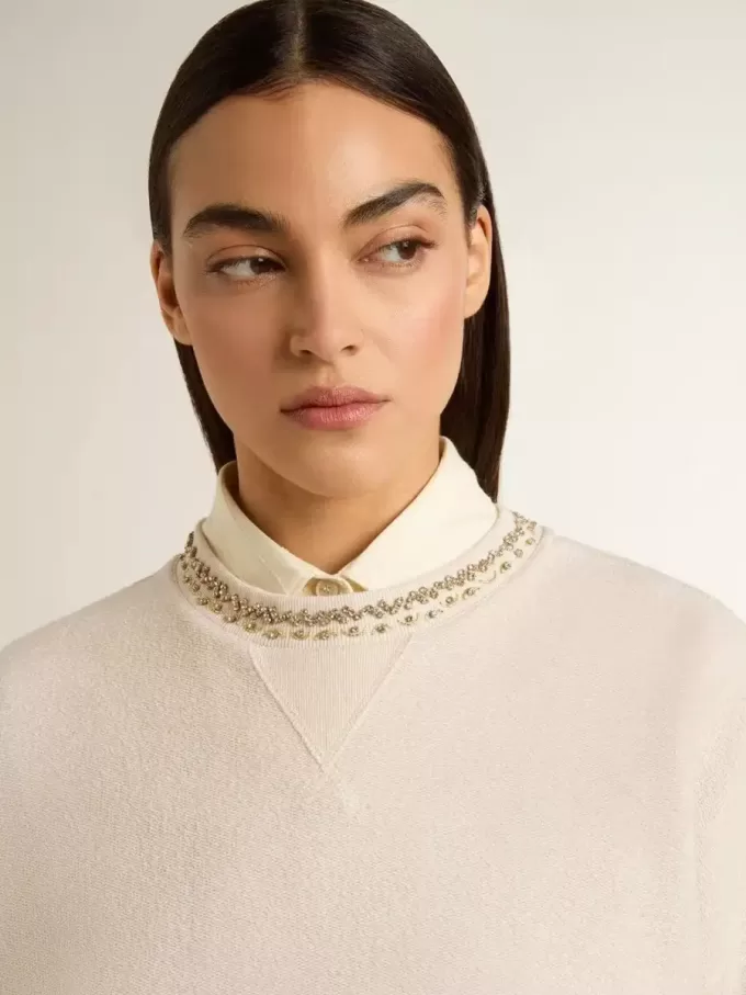 Sudadera corta de algodón color crema para mujer con cristales en la parte delantera Sudadera corta de algodón color crema para mujer con cristales en la parte delantera