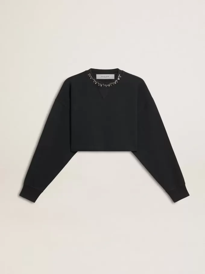 Sudadera corta de algodón para mujer con cristales en la parte delantera