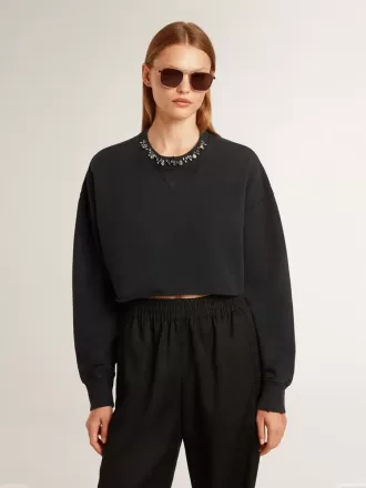 Sudadera corta de algodón para mujer con cristales en la parte delantera