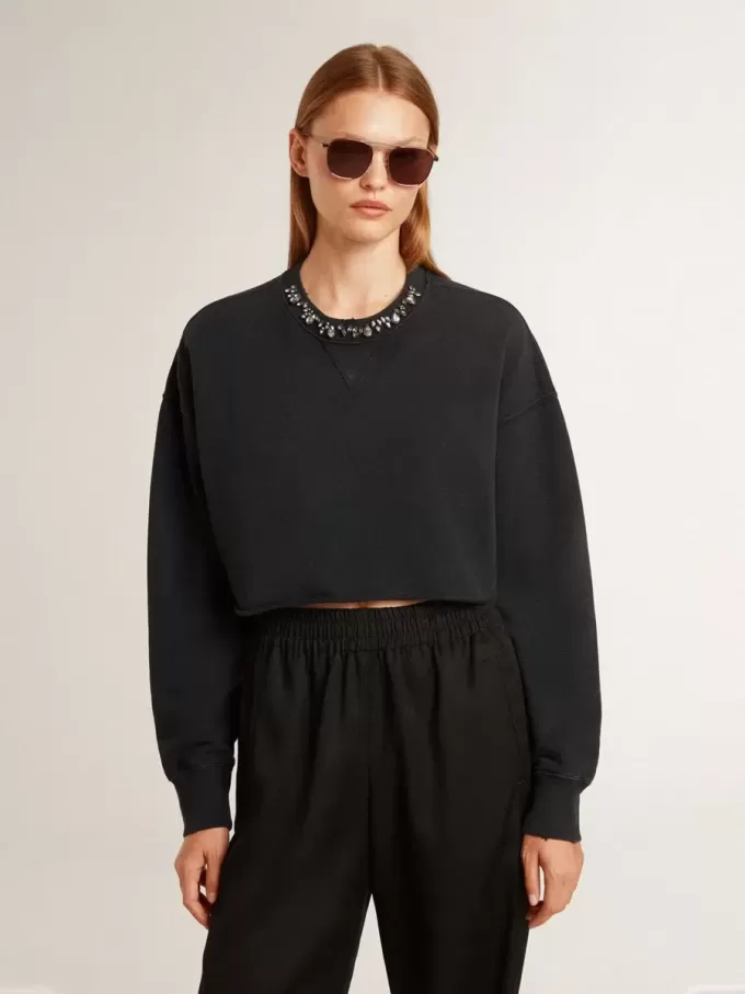 Sudadera corta de algodón para mujer con cristales en la parte delantera