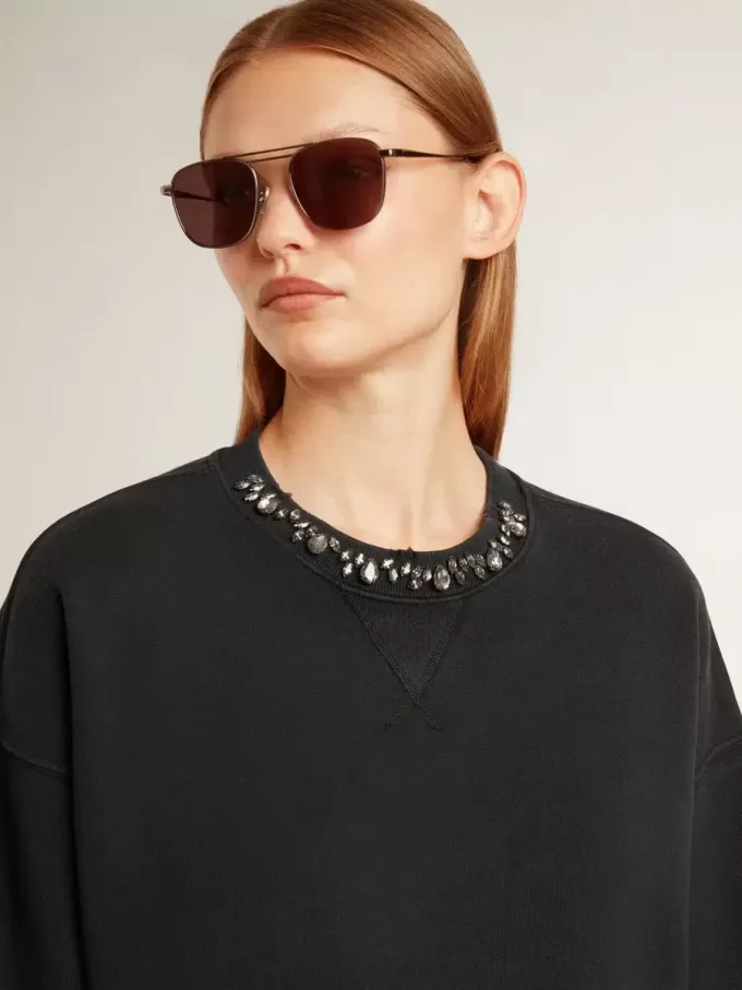 Sudadera corta de algodón para mujer con cristales en la parte delantera