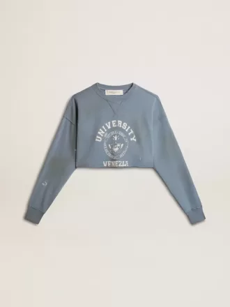 Sudadera corta en azul celeste con acabado desgastado