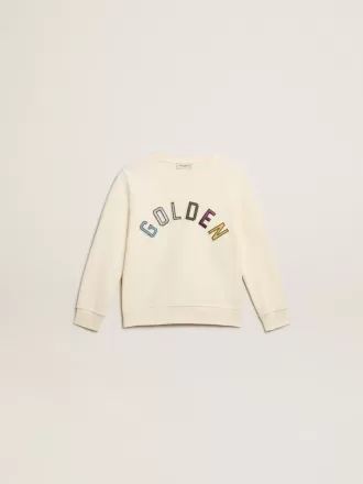 Sudadera en blanco desgastado con letras doradas multicolores en la parte delantera