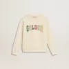 Sudadera en blanco desgastado con letras doradas multicolores en la parte delantera