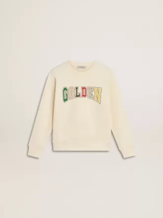Sudadera en blanco desgastado con letras doradas multicolores en la parte delantera