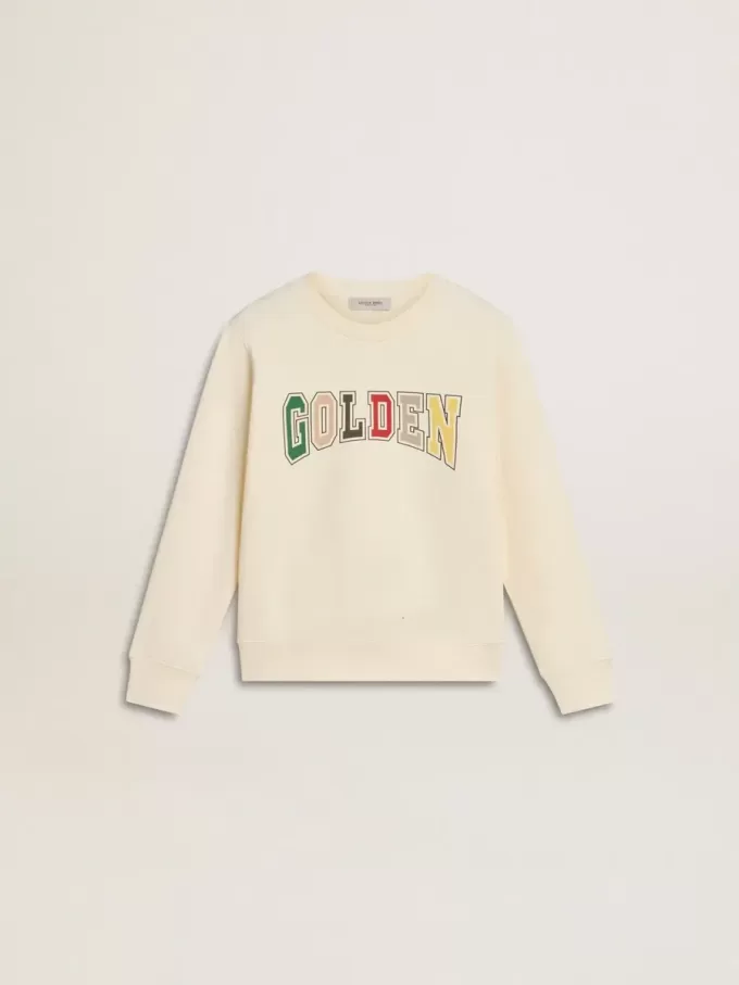 Sudadera en blanco desgastado con letras doradas multicolores en la parte delantera
