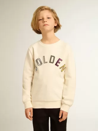 Sudadera en blanco desgastado con letras doradas multicolores en la parte delantera