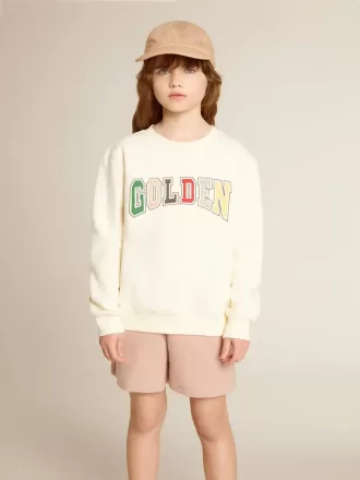 Sudadera en blanco desgastado con letras doradas multicolores en la parte delantera